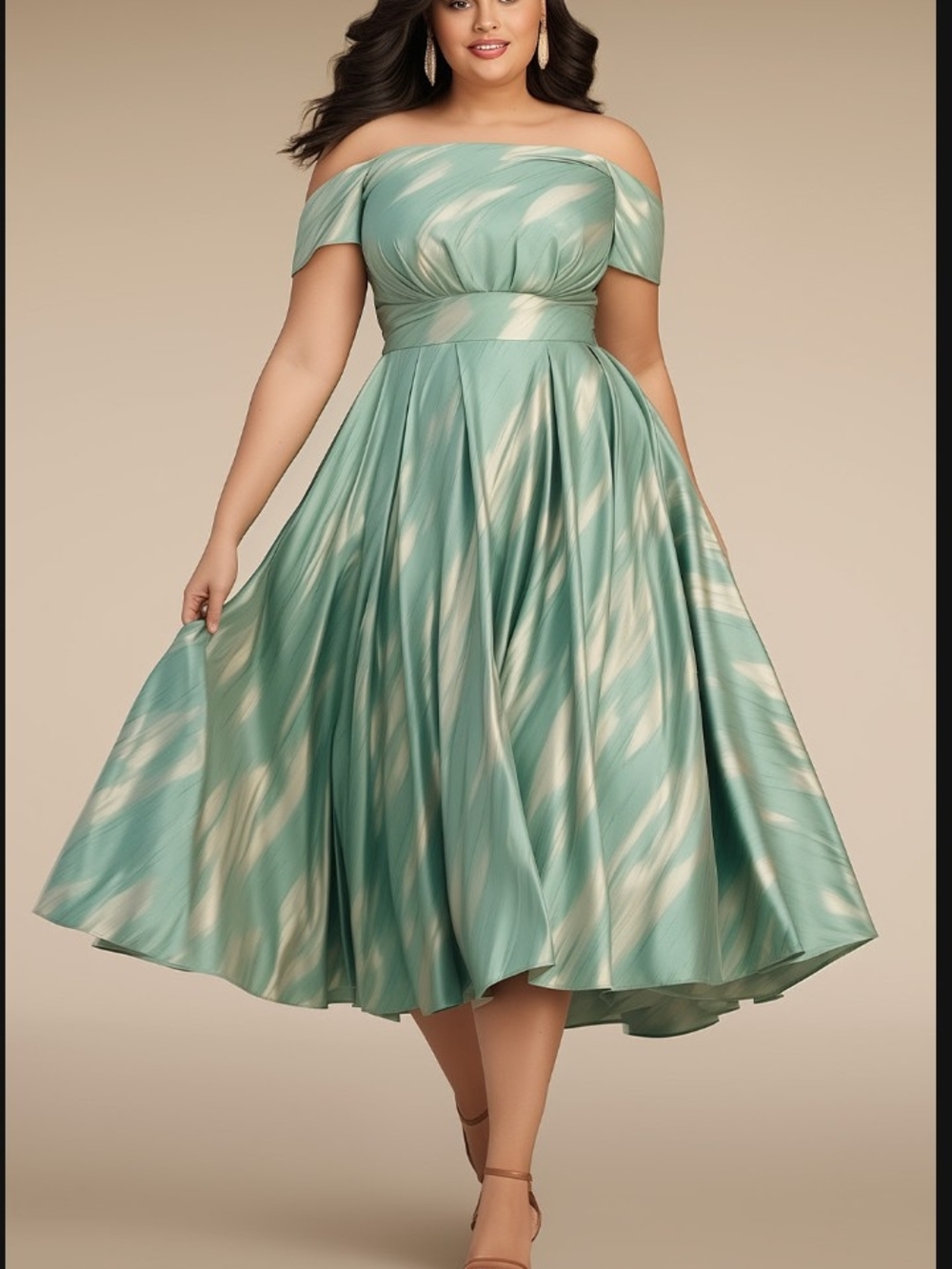 Off-Shoulder Mint Swirl Midi Dress